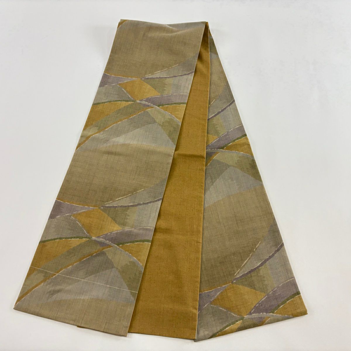 【美品】 袋帶 名品級 紬織織 幾何圖案 山吹 深藍 全通 純蠶絲