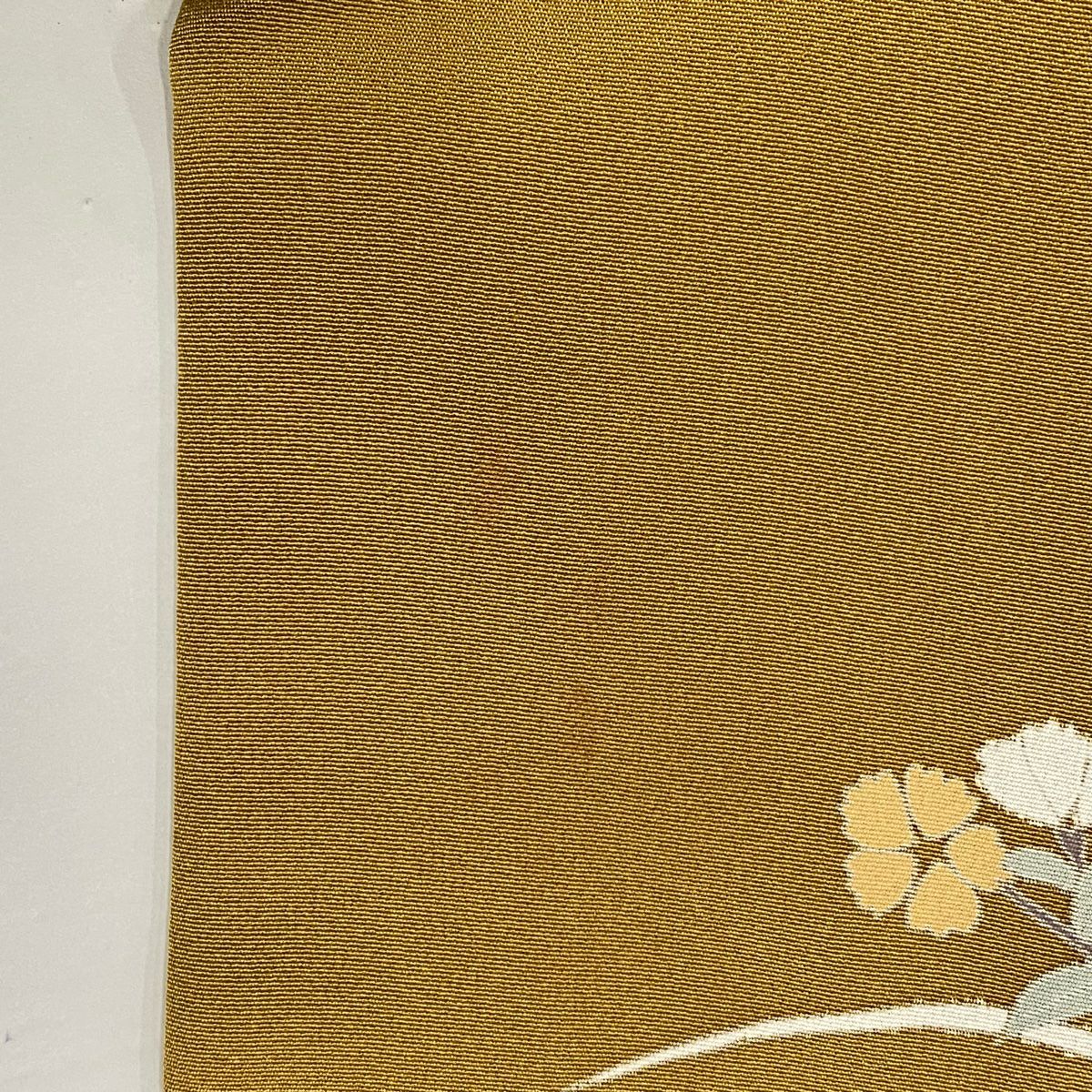 付下 身長161.5cm 袖長66cm M 雙層 草花紋紋 菊花 花瓣漸變 山吹茶 純蠶絲 優品級