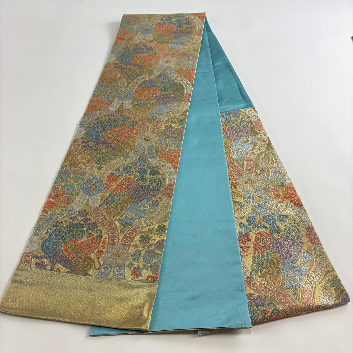 【美品】 袋帶 秀品級 附有落款 關西仕立 草花紋紋 動物 金絲 金金箔 金色 六通 純蠶絲
