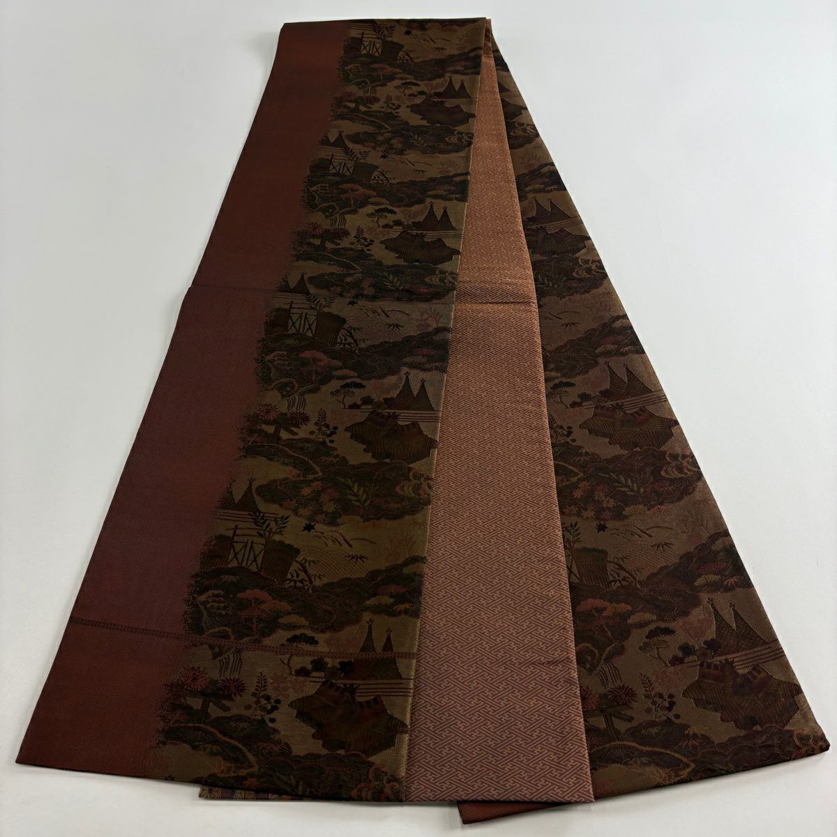 【美品】 袋帶 秀品級 風景 松樹竹子梅花 金絲 紅茶 全通 純蠶絲