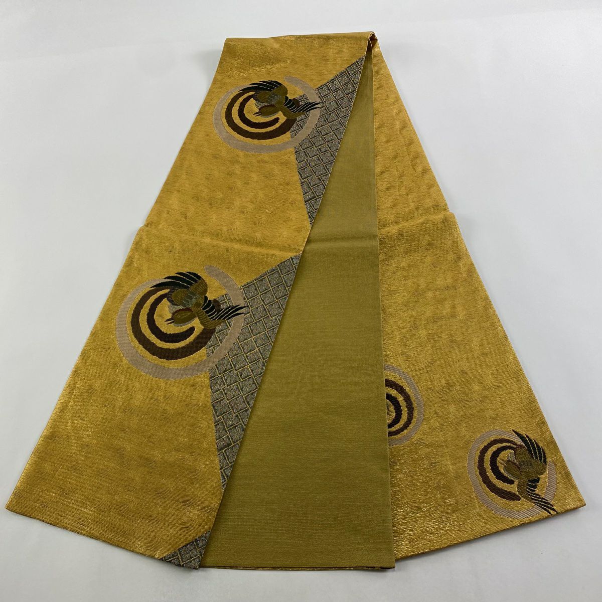 【美品】 袋帶 秀品級 鳥 花菱 金金箔 金線 金色 大鼓圖案 純蠶絲