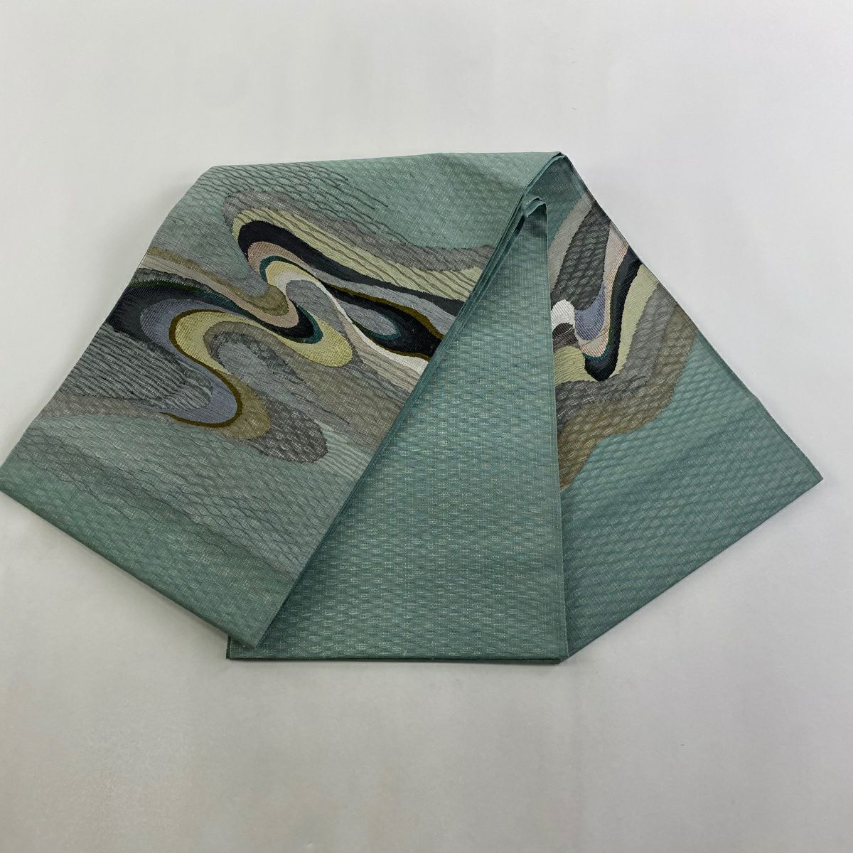 【美品】 袋帶 秀品級 流水 銀線 淺綠 お太鼓圖案 純蠶絲