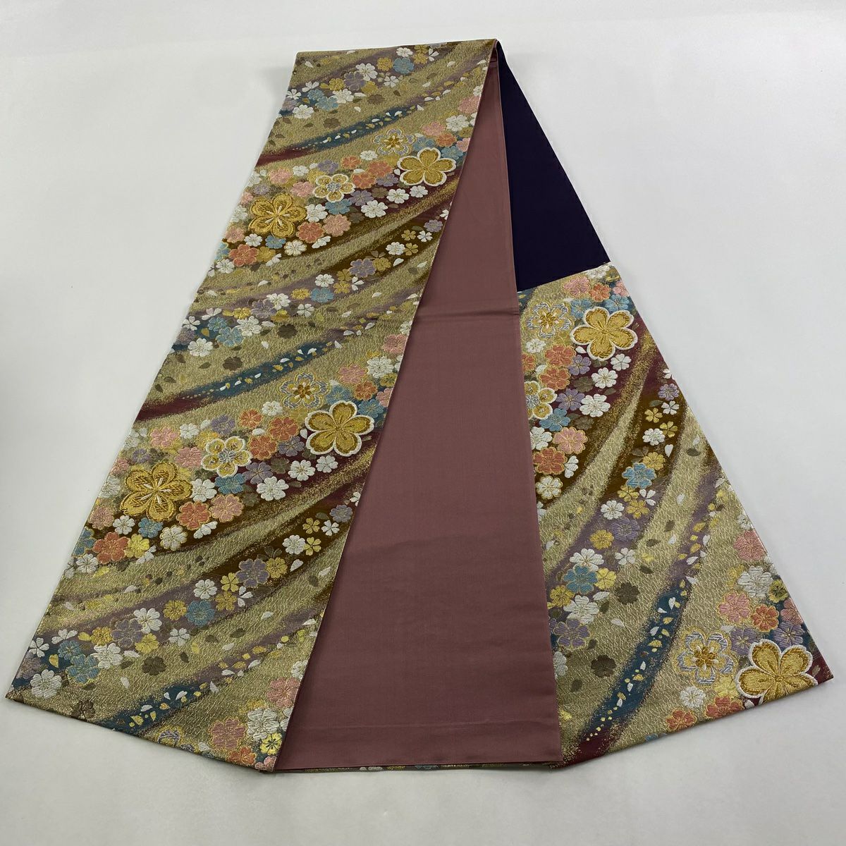 【美品】 袋帶 秀品級 虹彩 櫻花花瓣 金銀絲 金金箔 金色 六通 純蠶絲