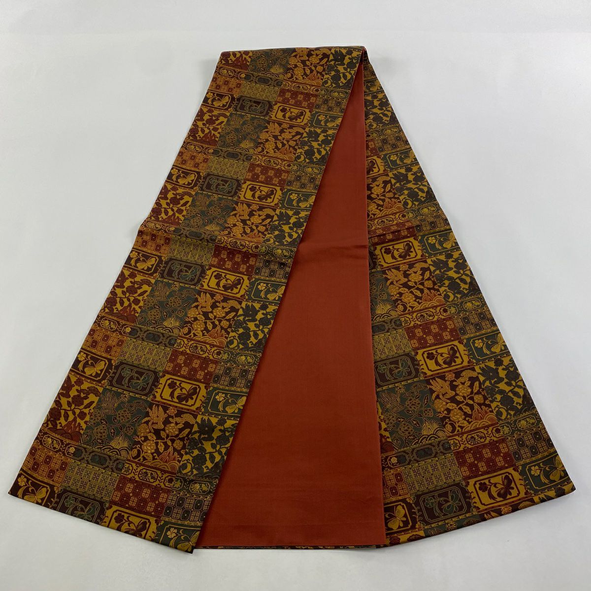 【美品】 袋帶 秀品級 花鳥 蝶 小豆 深藍 全通 純蠶絲