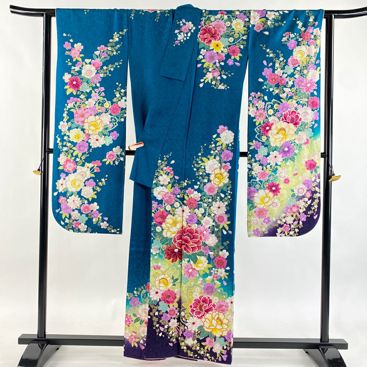 【美品】振袖禮服 身長159.5cm 袖長65cm M 雙層 牡丹 櫻花 銀通金銀彩 青綠 純蠶絲 逸品級