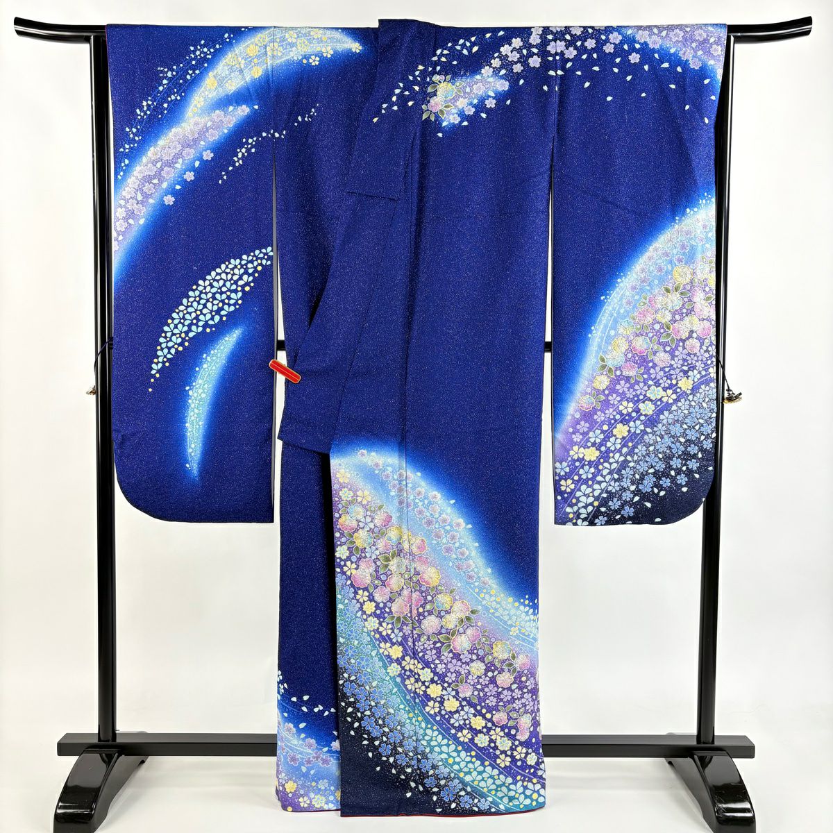 【美品】振袖禮服 身長163cm 袖長66cm M 雙層 大和 草花紋紋 櫻花 銀通 金銀彩 藍色 純蠶絲 逸品級