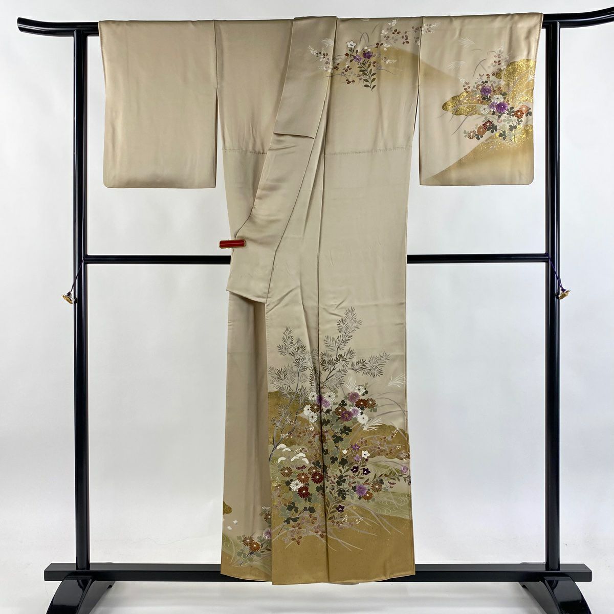 訪問服 身長154cm 袖長64.5cm M 雙層 帝王紫 落款 菊花 萩 金彩裝飾 刺繡 米色 純蠶絲 逸品級