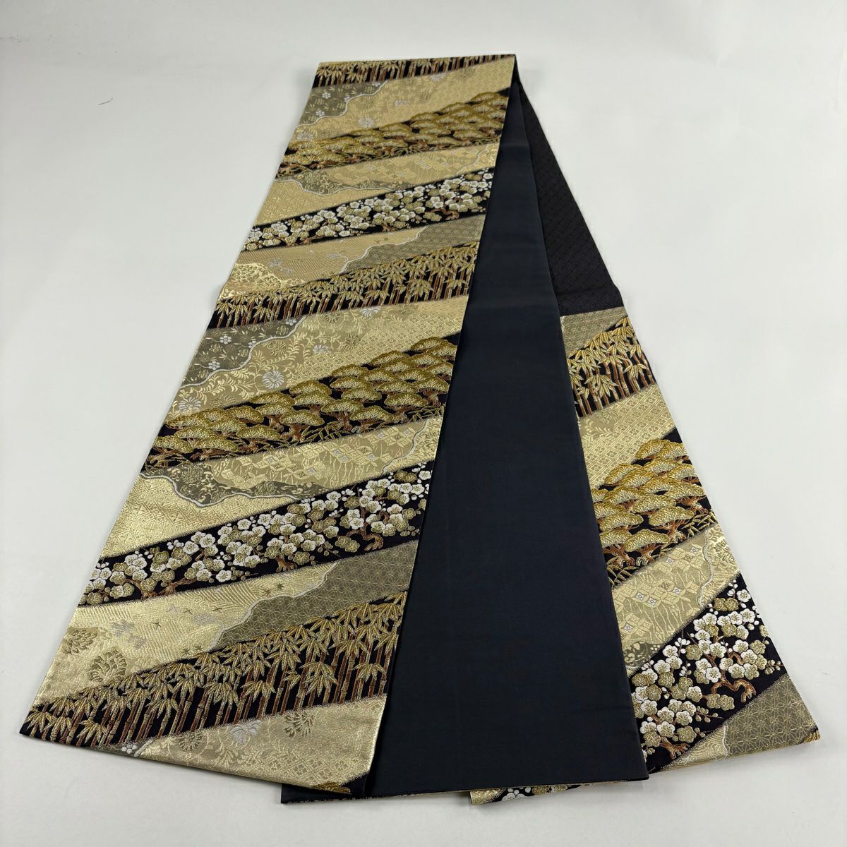 【美品】 袋帶 秀品級 松樹竹子梅花 波 金絲 金金箔 金色 六通 純蠶絲
