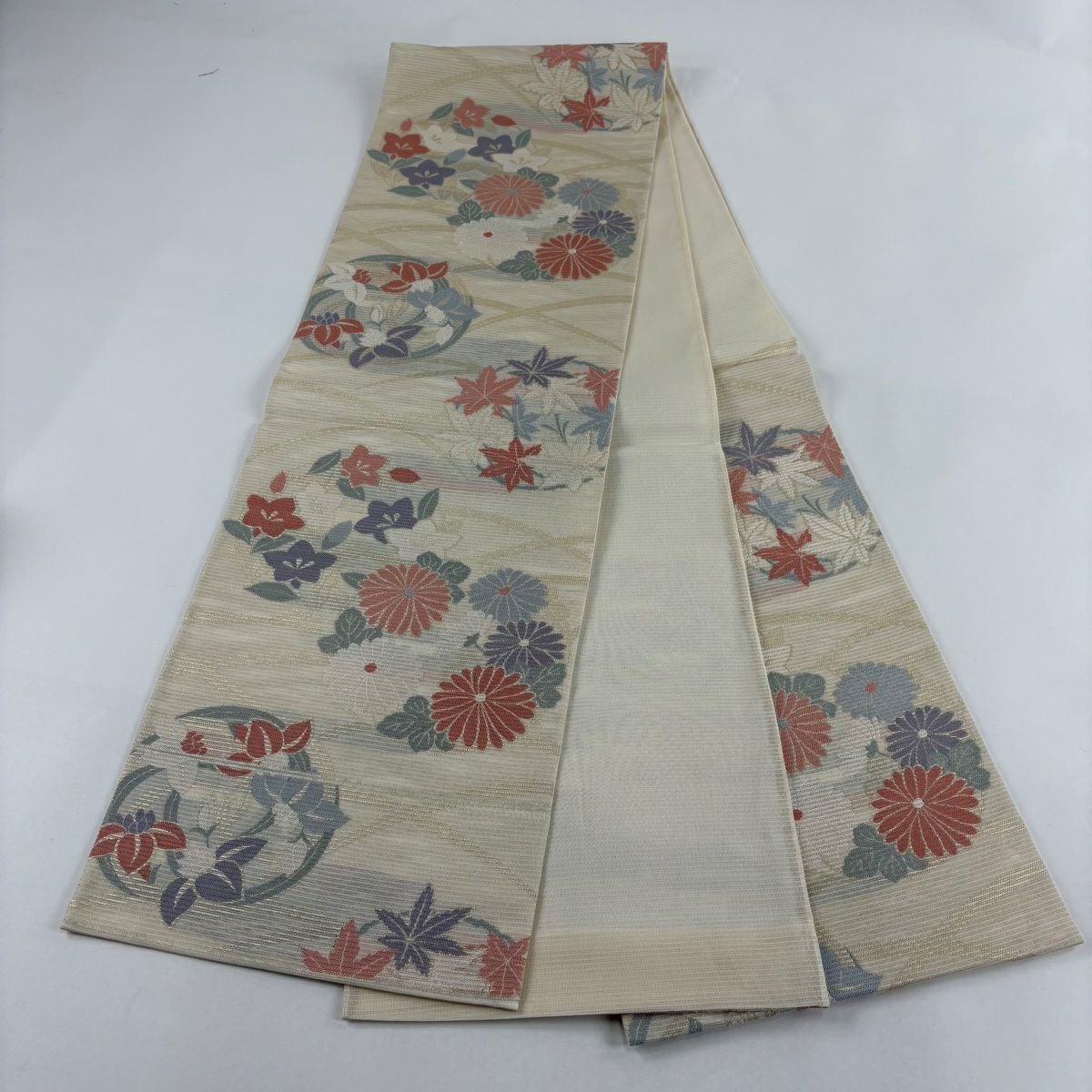 【美品】 袋帶 秀品級 夏帶 絽 關西仕立 花丸文 草花紋紋 金金箔 米色 六通 純蠶絲