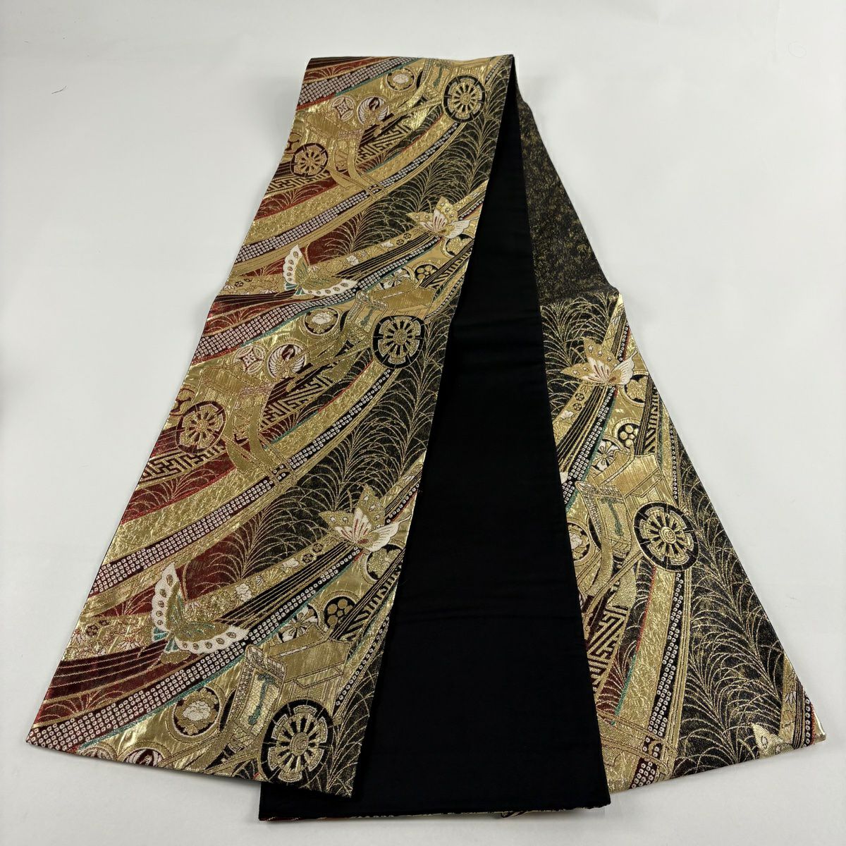 【美品】 袋帶 秀品級 御所車 蝴蝶 金絲 金金箔 金 六通 純蠶絲