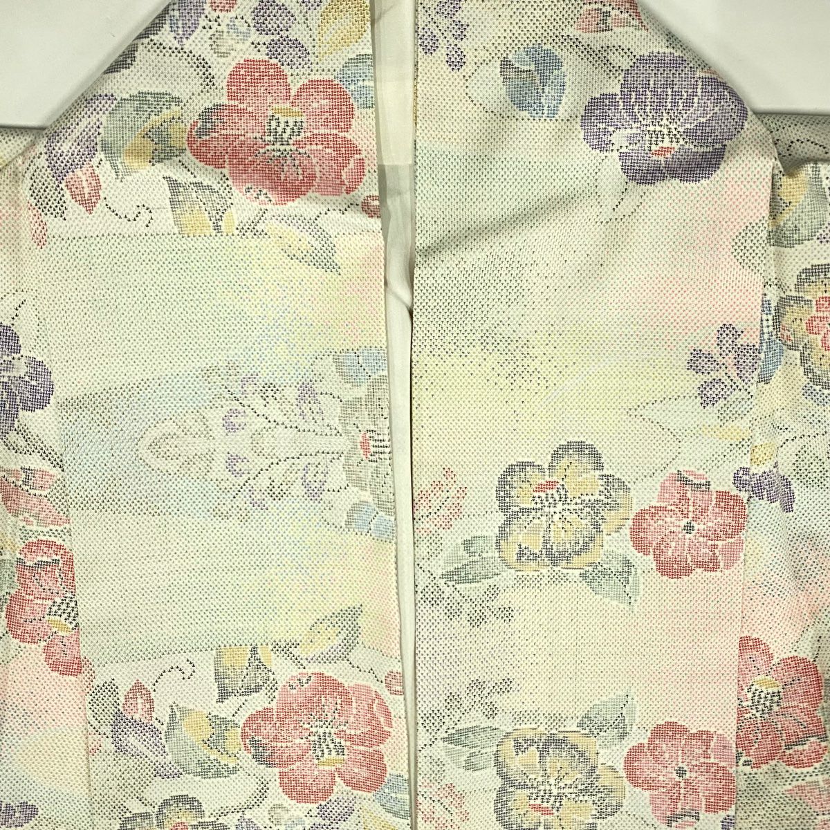 【美品】紬織 身長162.5cm 袖長63cm S 雙層 椿 霞 奶油色 純蠶絲 名品級