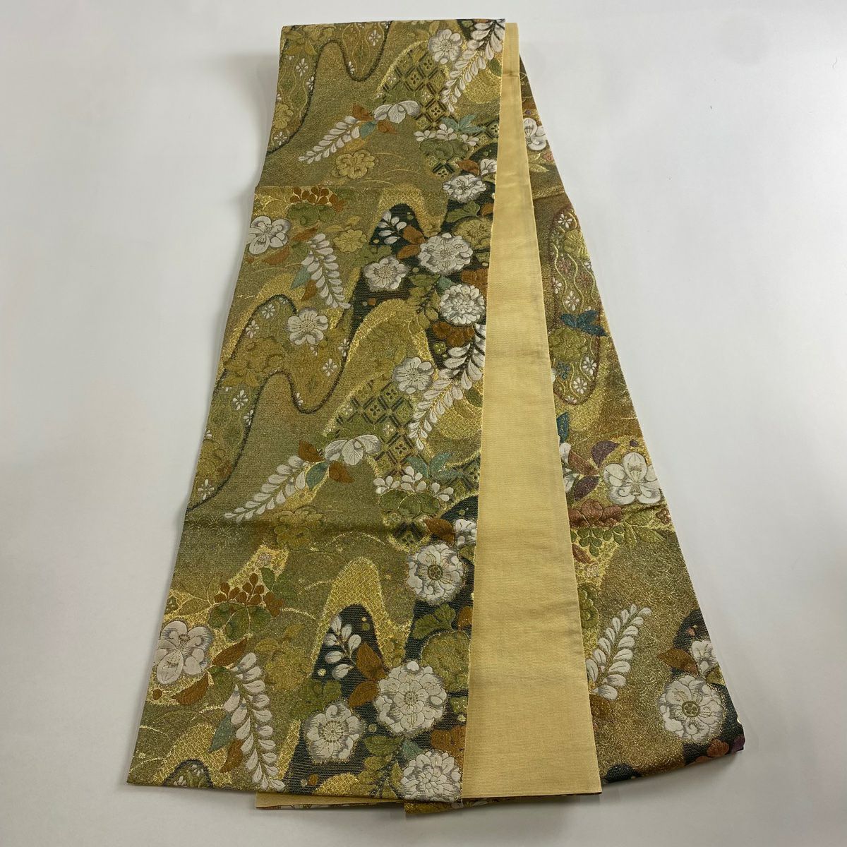 【美品】 袋帶 名品級 手先二通り 大和 草花紋紋 菱 金絲 金金箔 金色 全通 純蠶絲