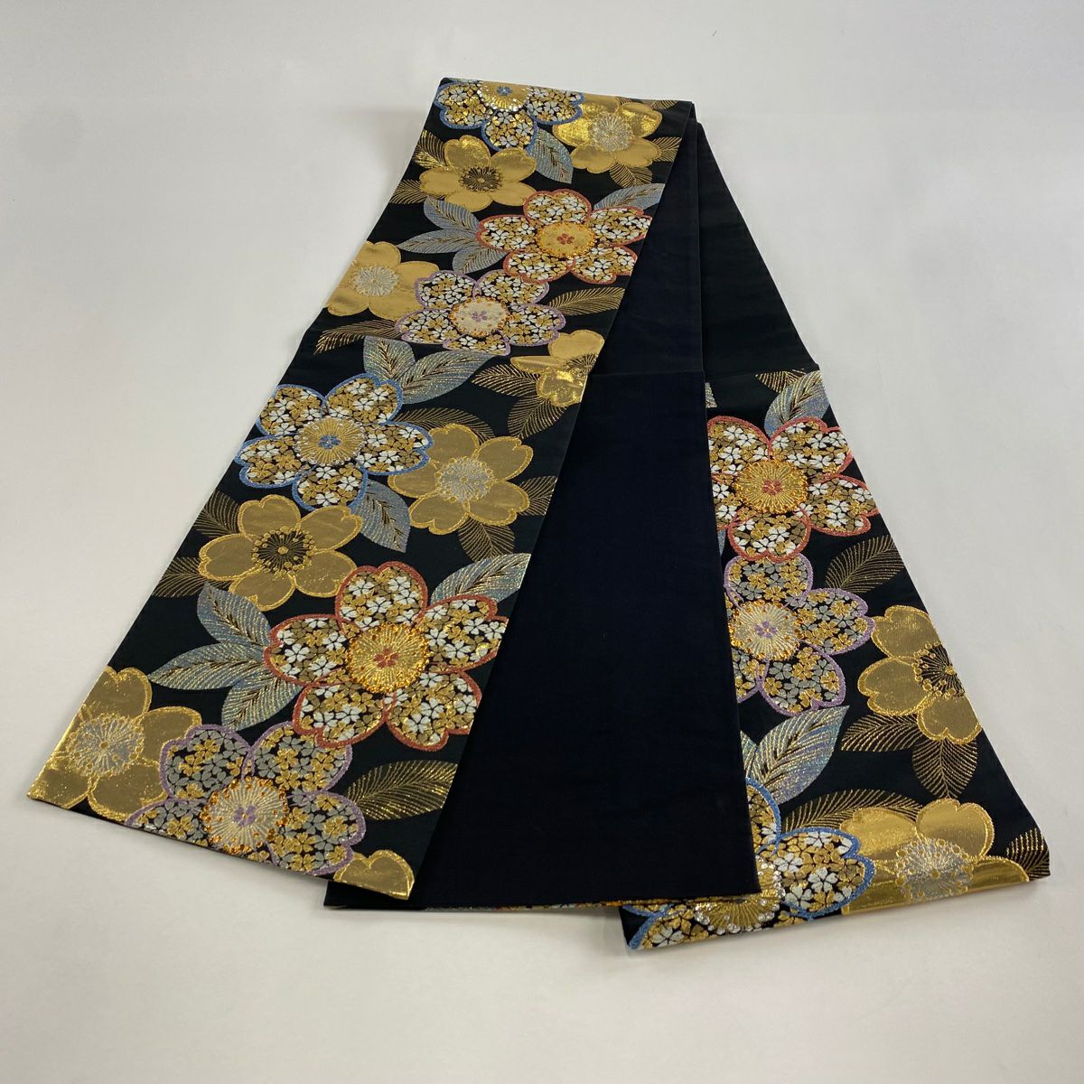 【美品】 袋帶 秀品級 櫻花 金線 金金箔 黑色 六通 純蠶絲