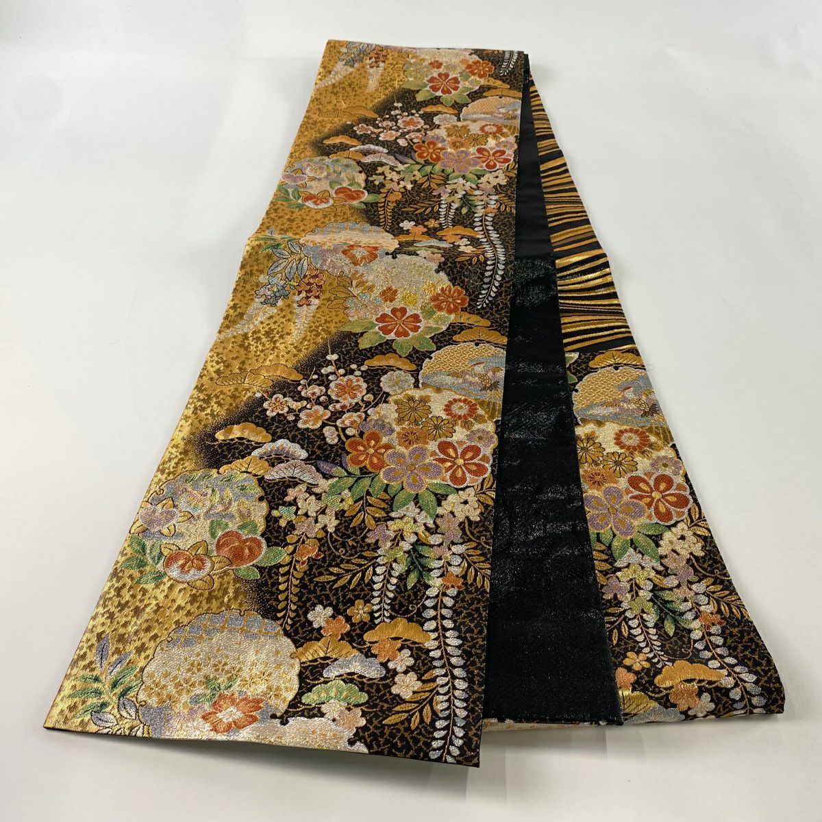 【美品】 袋帶 秀品級 沙織錦 櫻花 枝梅花 金銀絲 金金箔 黑 六通 純蠶絲