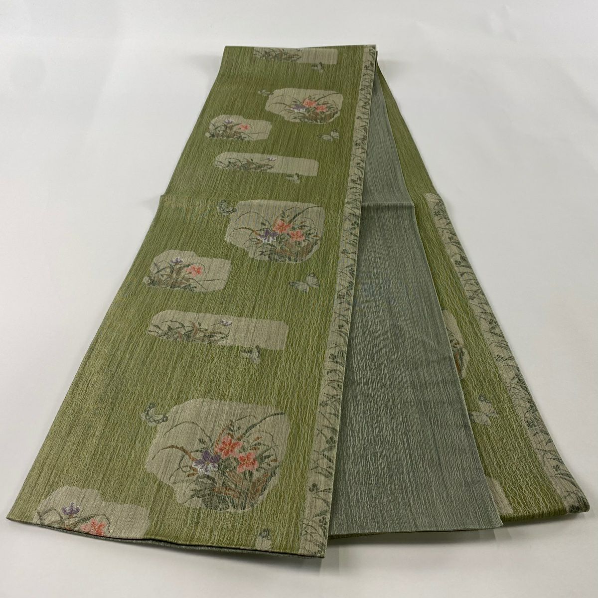 【美品】 袋帶 秀品級 草花紋紋 蝶 金絲 灰綠 六通 純蠶絲