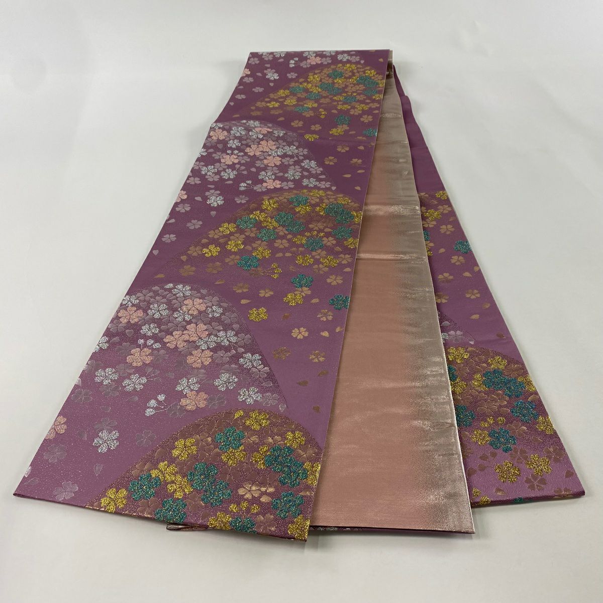【美品】 袋帶 秀品級 山櫻 金金箔 紫 六通 純蠶絲