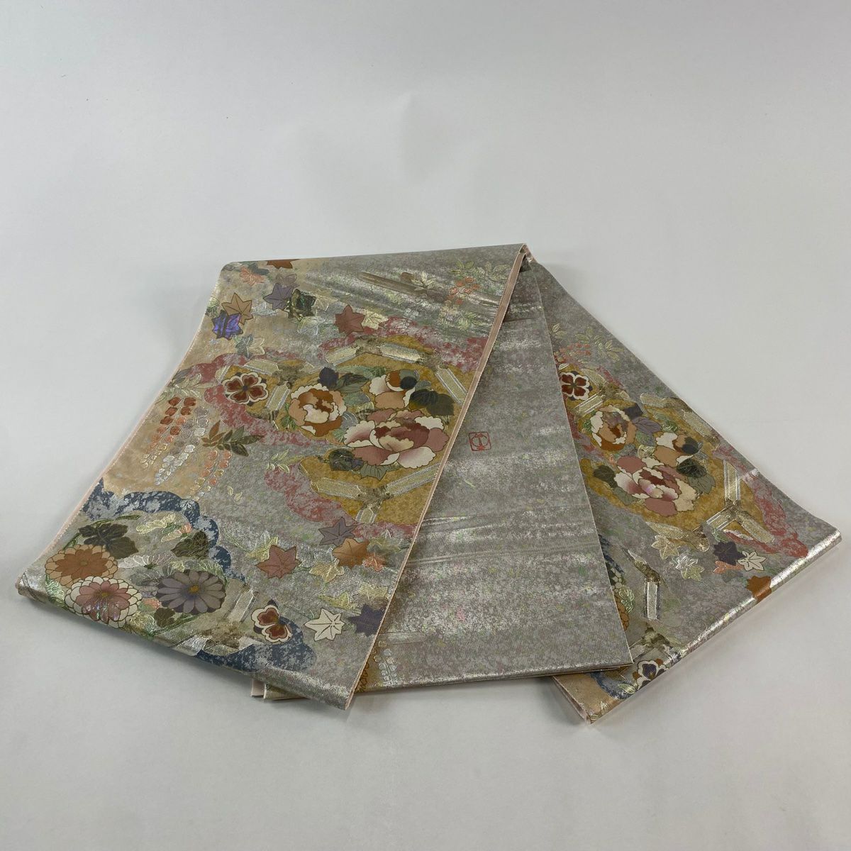 袋帶 秀品級 有落款 雲紋 花圓紋 金銀彩 金金箔 淺橙色 大鼓圖案 純蠶絲