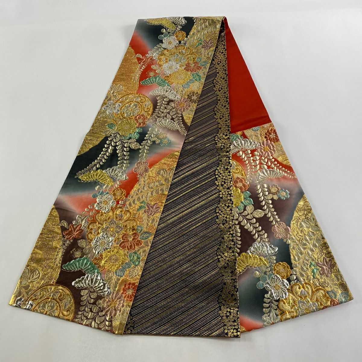 【美品】 袋帶 秀品級 辻花染圖案 華紋 金金箔 漸層 朱色 六通 純蠶絲