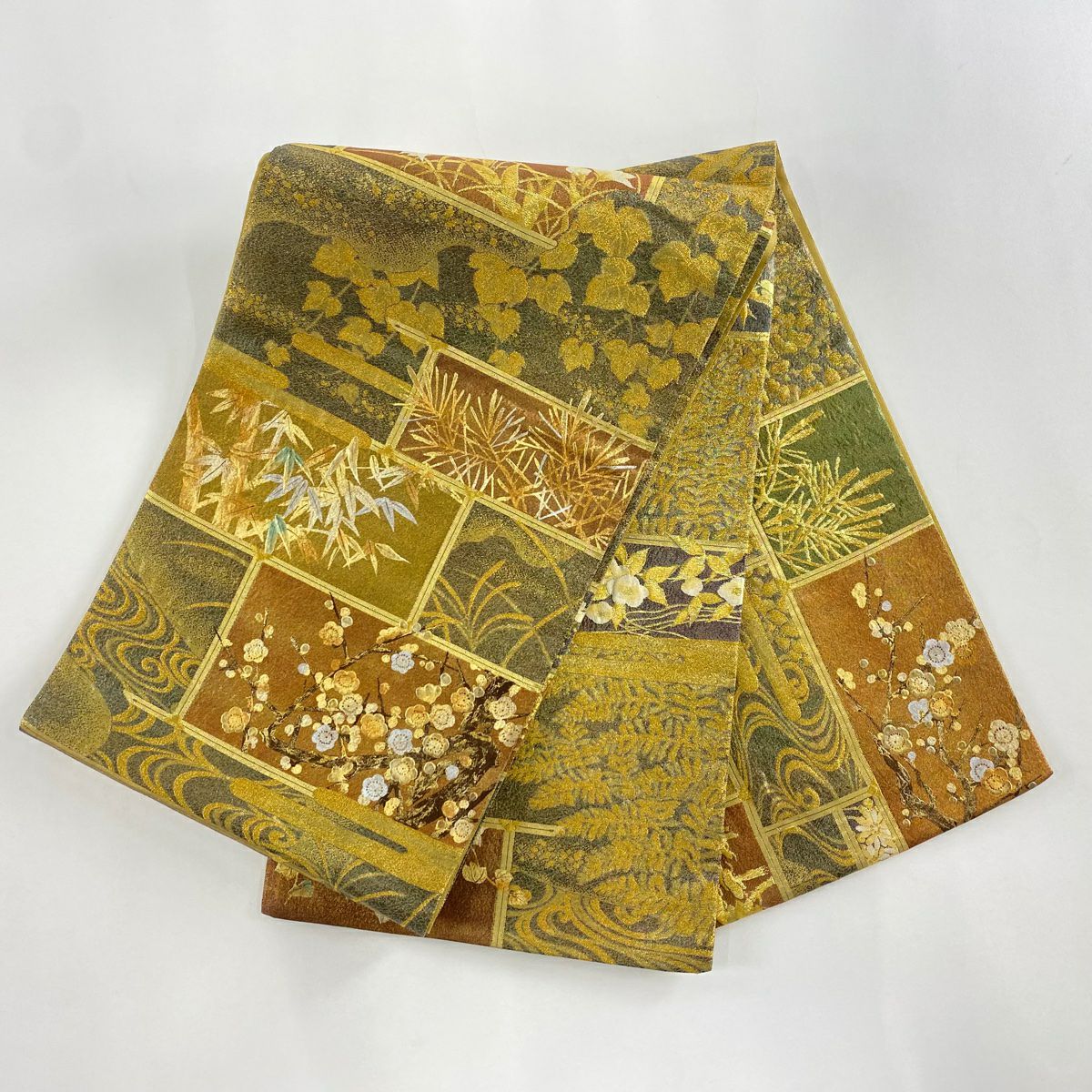 袋帶 秀品級 松樹竹子梅花 流水 金絲 金金箔 金色 全通 純蠶絲
