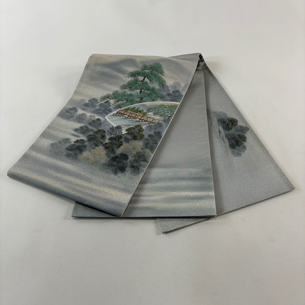 【美品】 袋帶 秀品級 松樹 風景 金銀彩 金金箔 青灰 純蠶絲