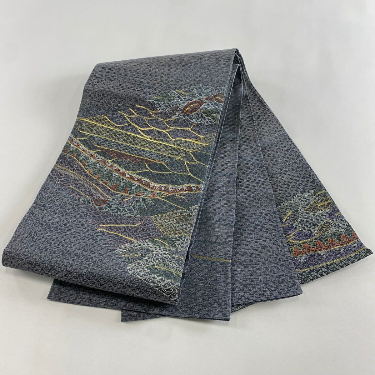【美品】 袋帶 秀品級 夏帶 波 幾何圖案 金銀彩 深藍色 大鼓圖案 純蠶絲