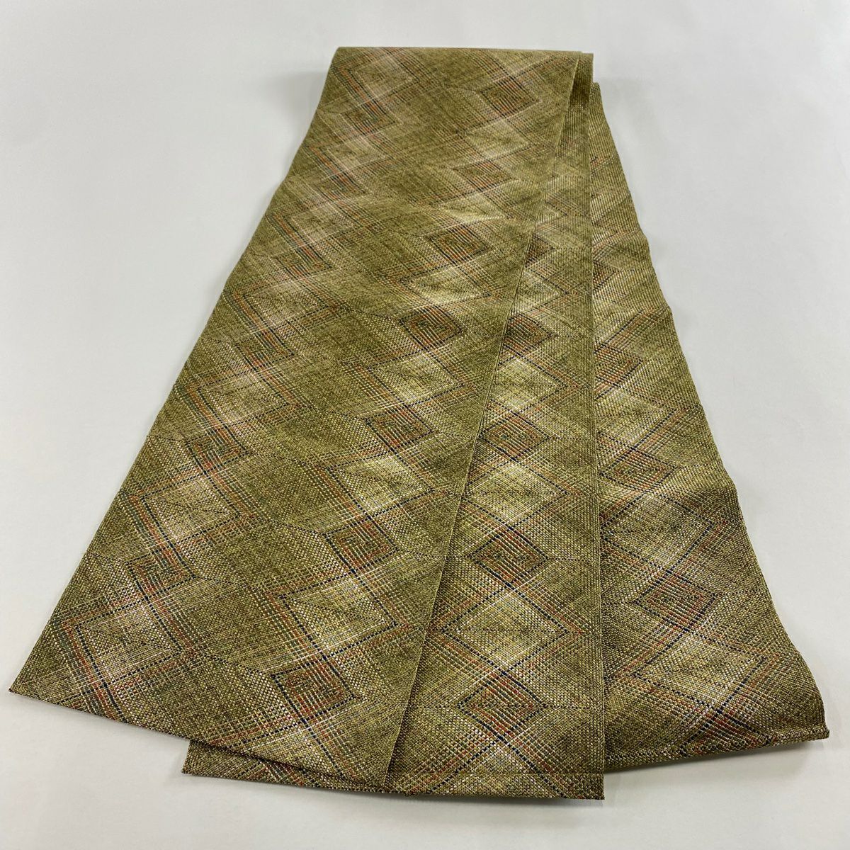 【美品】名古屋帶 優品級 八寸名古屋帶 隧道仕立 縞 幾何圖案 金銀彩 茶綠 純蠶絲