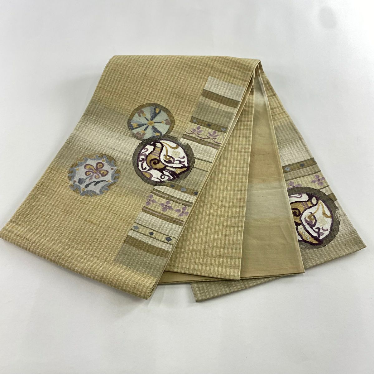 【美品】 袋帶 秀品級 紬織織 鳥 草花紋 金銀彩 米色 大鼓圖案 純蠶絲