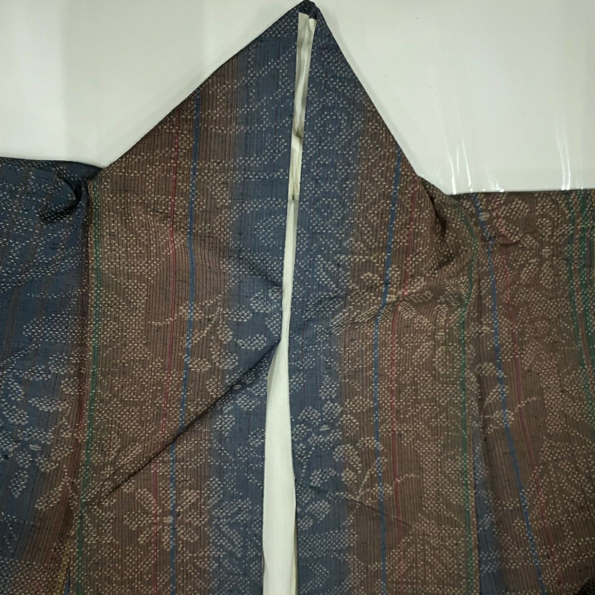 【美品】 紬織 身長164cm 袖長64cm M 雙層 草花紋紋 流水 青紫 純蠶絲 秀品級
