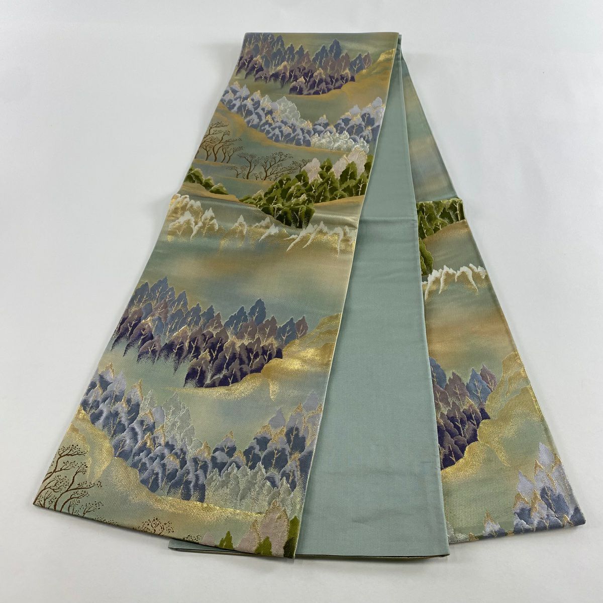 【美品】 袋帶 秀品級 風景 樹木 金金箔 金銀彩 灰綠 六通 純蠶絲