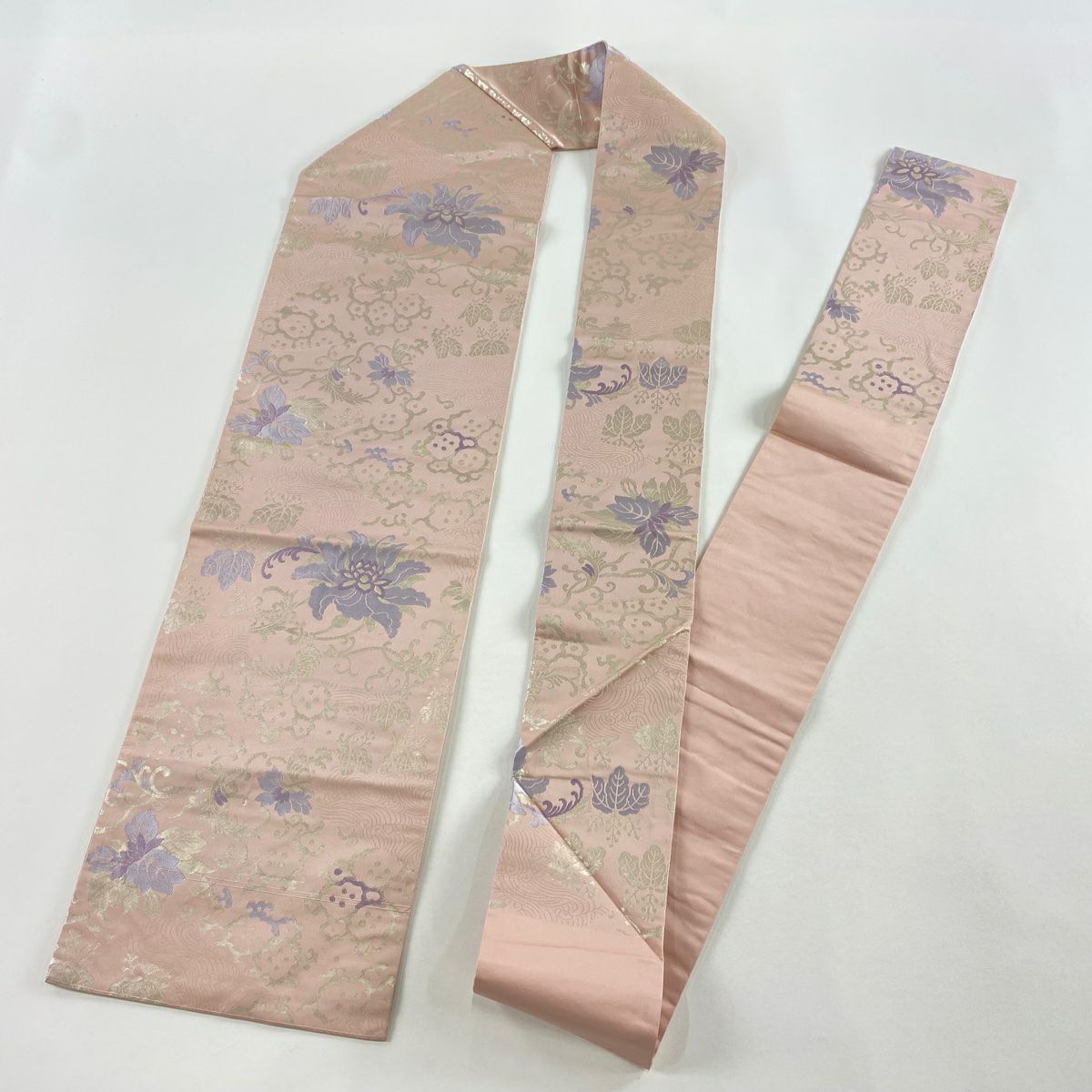 名古屋帶 秀品級 關西仕立 花唐草紋 桐 金金箔 淺粉色 純蠶絲