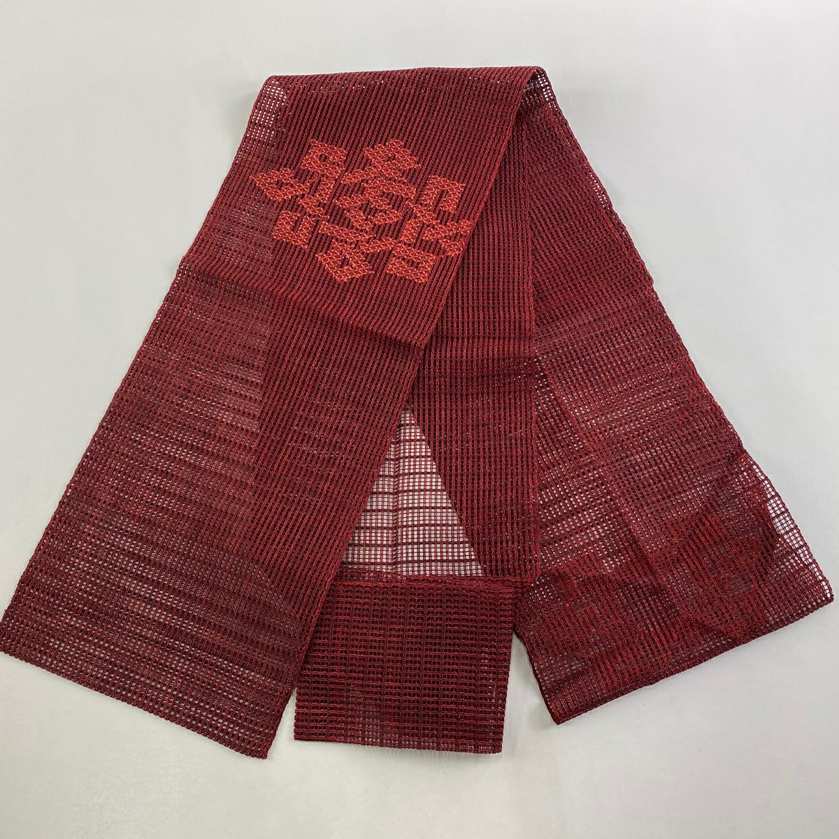 名古屋帶 優品級 夏帶 羅 松樹葉仕立 八寸名古屋帶 幾何學圖案 深紅 純蠶絲