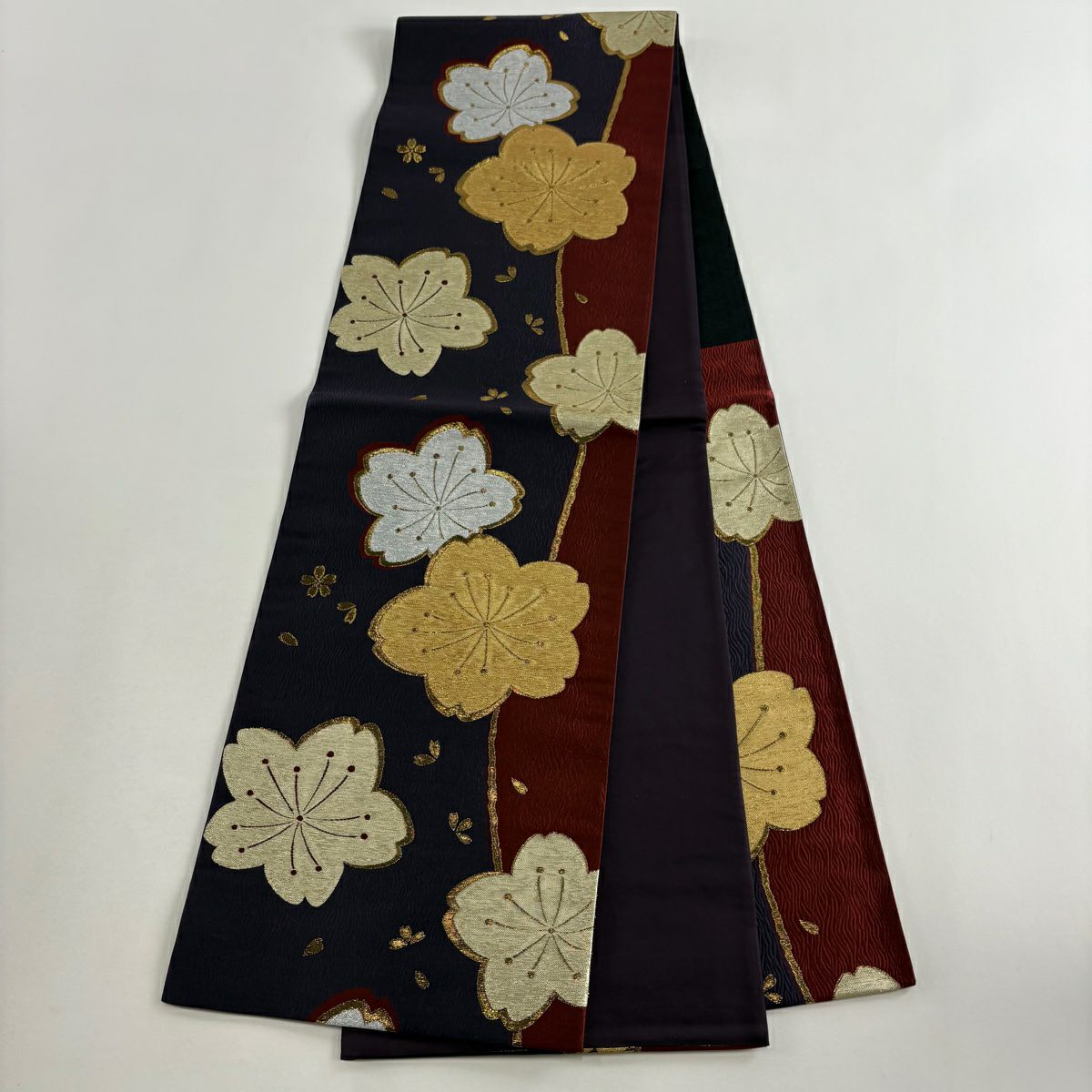 【美品】 袋帶 秀品級 樱花花瓣 金金箔 紫色 六通 純蠶絲