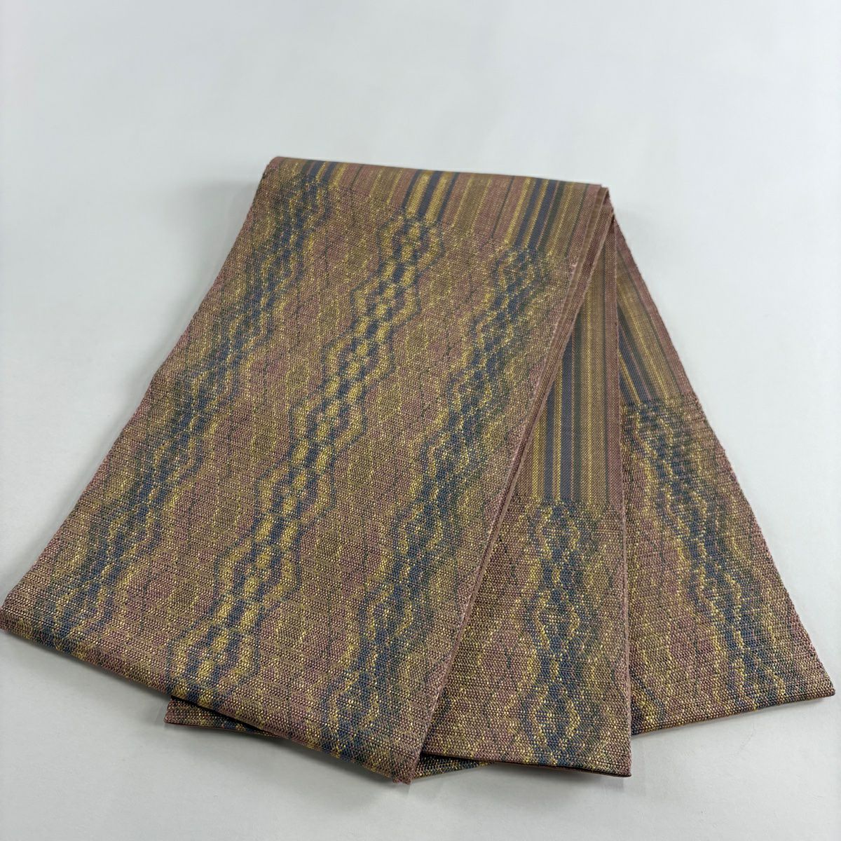 【美品】 袋帶 秀品級 幾何學 金絲 粉米色 大鼓圖案 純蠶絲