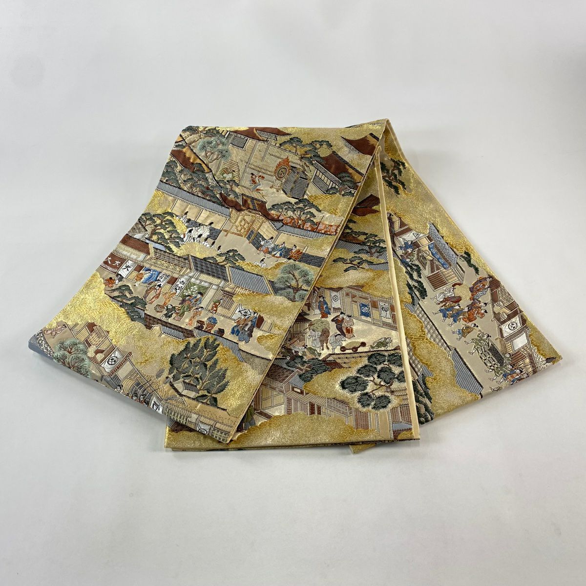 【美品】 袋帶 秀品級 六角堂周邊 五條新町通的喧鬧 人物 金絲 金金箔 金色 大鼓圖案 純蠶絲