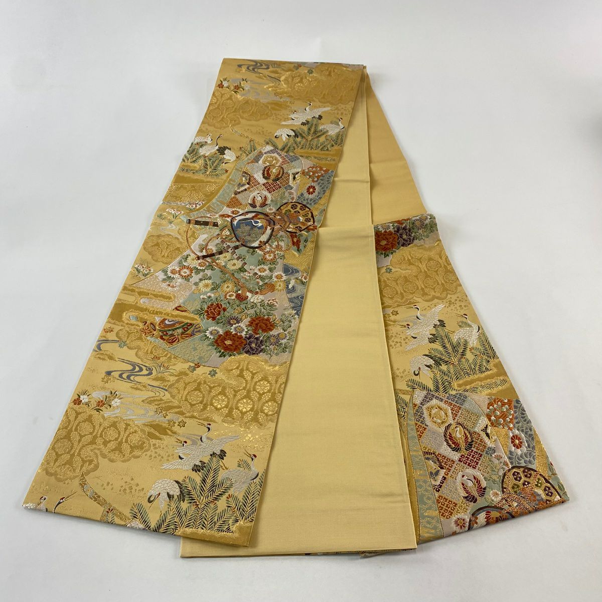【美品】 袋帶 秀品級 誰が袖 鼓 金絲 金金箔 黃土色 六通 純蠶絲