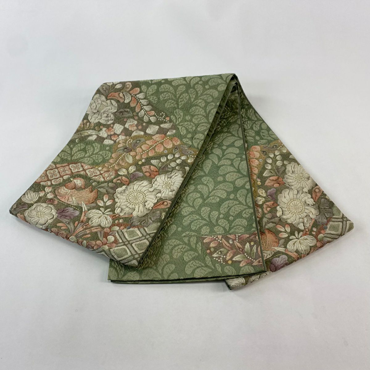 袋帶 秀品級 鴛鴦 草花紋 金糸 金金箔 淺綠 お太鼓圖案 純蠶絲