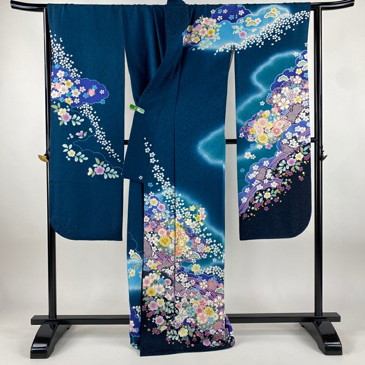 振袖禮服 身長168cm 袖長69.5cm L 雙層 雲紋 櫻花 金通 金銀彩 深藍 純蠶絲 逸品級