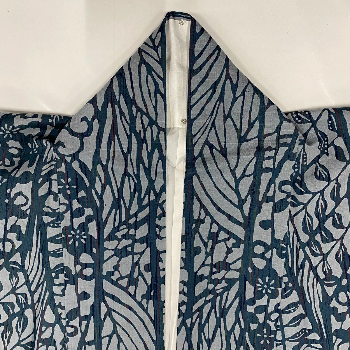 【美品】 小紋 身長155cm 袖長66cm M 雙層 紬織織 梅花葉紋 青灰色 純蠶絲 秀品級