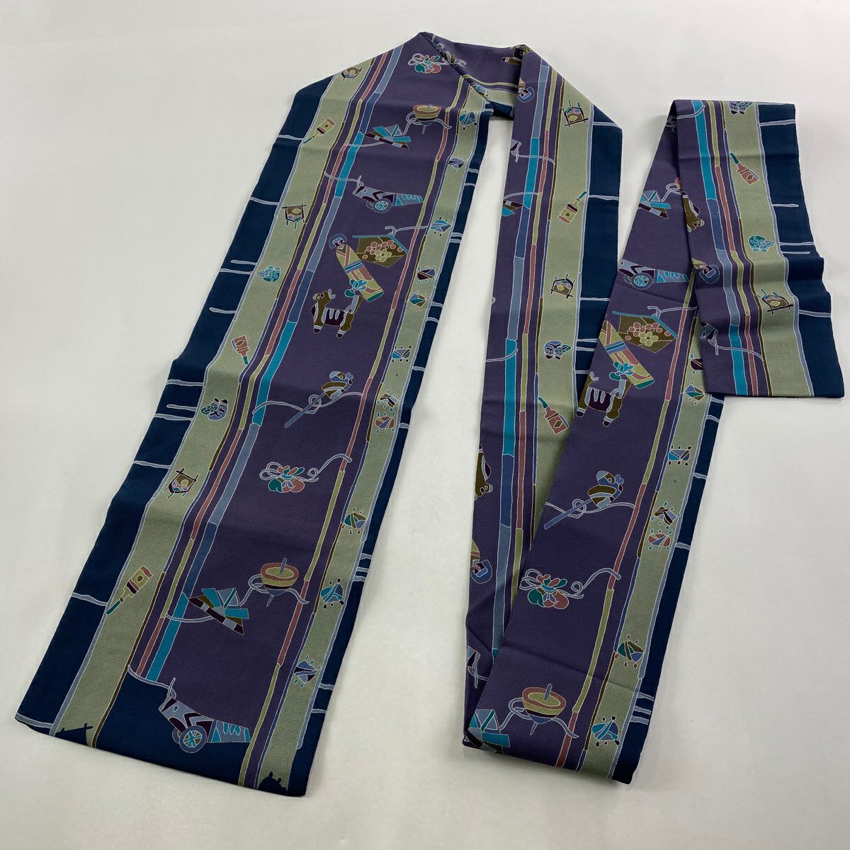 名古屋帶 名品級 玩具 縞 金銀彩 縮緬 紫 純蠶絲