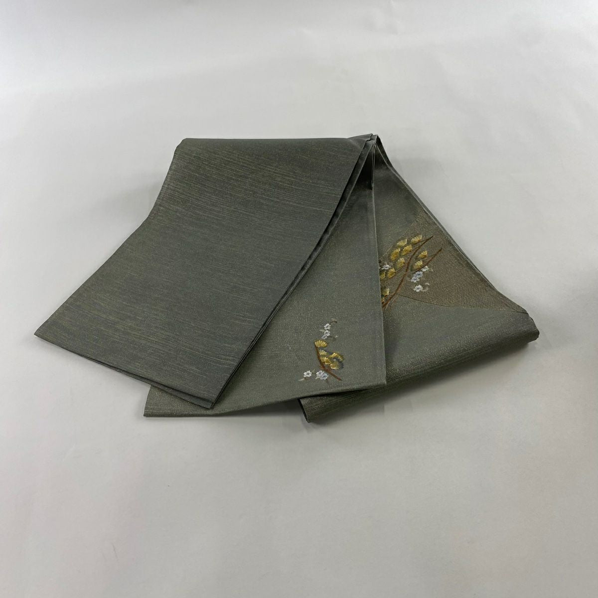 【美品】 袋帶 秀品級 枝花 刺繡 金通 灰綠 お太鼓柄 純蠶絲