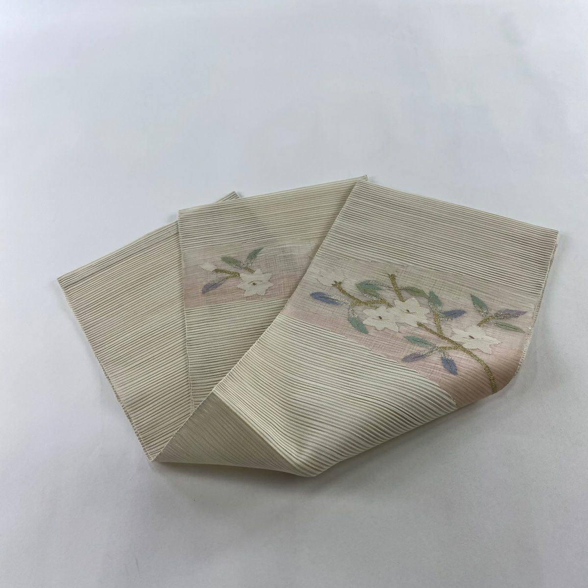 名古屋帶 秀品級 八寸名古屋帶 夏帶 絽 枝花 金銀彩 米色 純蠶絲