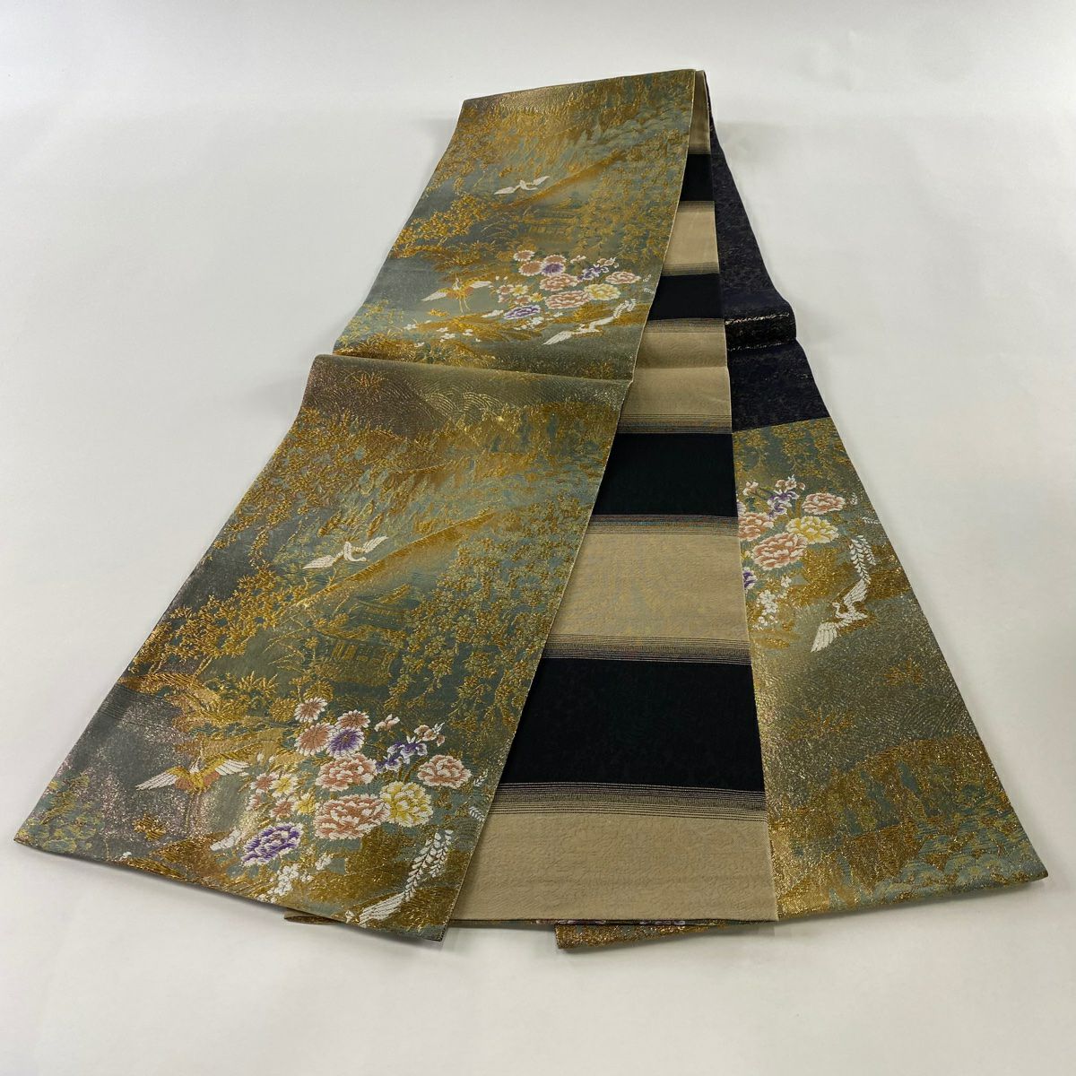 【美品】 袋帶 秀品級 草花紋紋 仙鶴 金糸 金金箔 茶綠 六通 純蠶絲