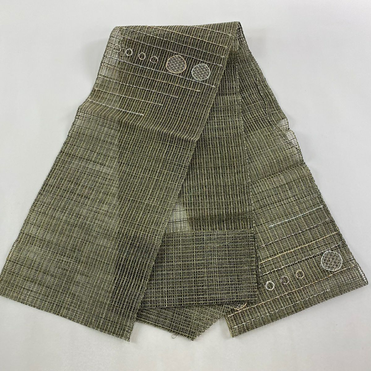 名古屋帶 秀品級 夏帶 八寸名古屋帶 松樹葉仕立 雜幾何圖案 金銀彩 灰綠 純蠶絲