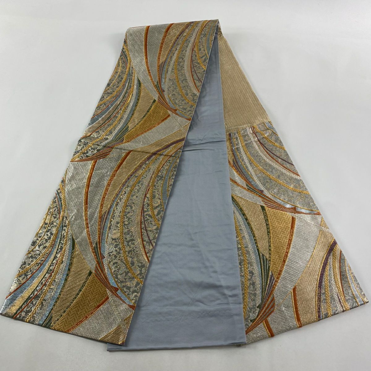【美品】 袋帶 秀品級 幾何學 金銀絲 金金箔 銀 六通 純蠶絲