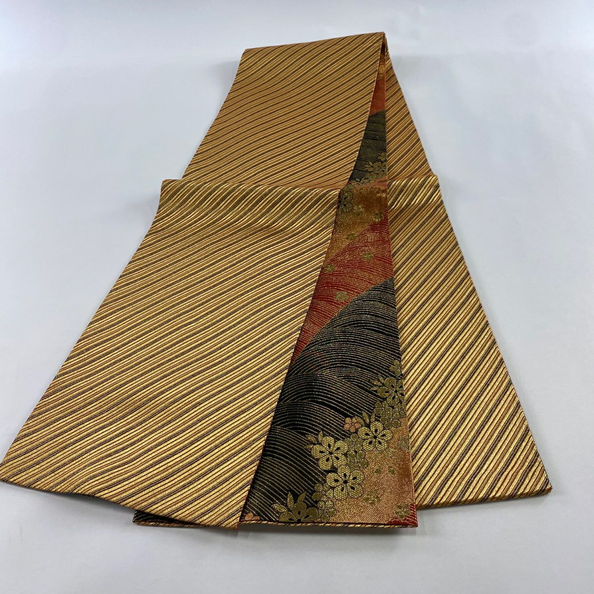 【美品】 袋帶 秀品級 斜紋 金絲 金 全通 純蠶絲