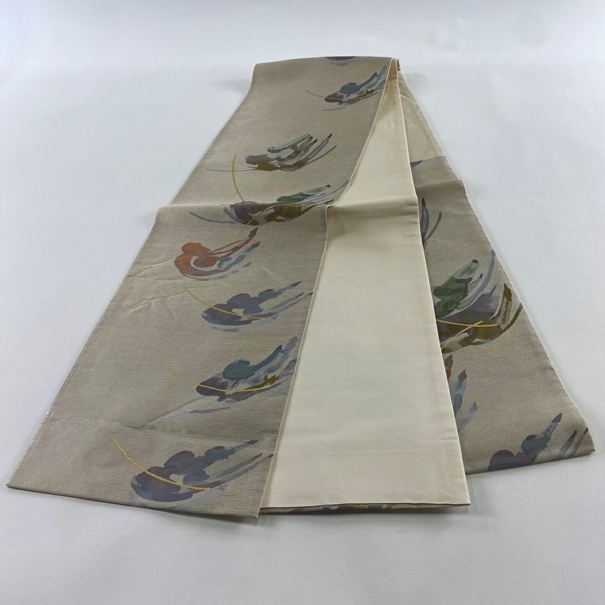 【美品】 袋帶 秀品級 幾何圖案 金絲 金金箔 灰白 六通 純蠶絲