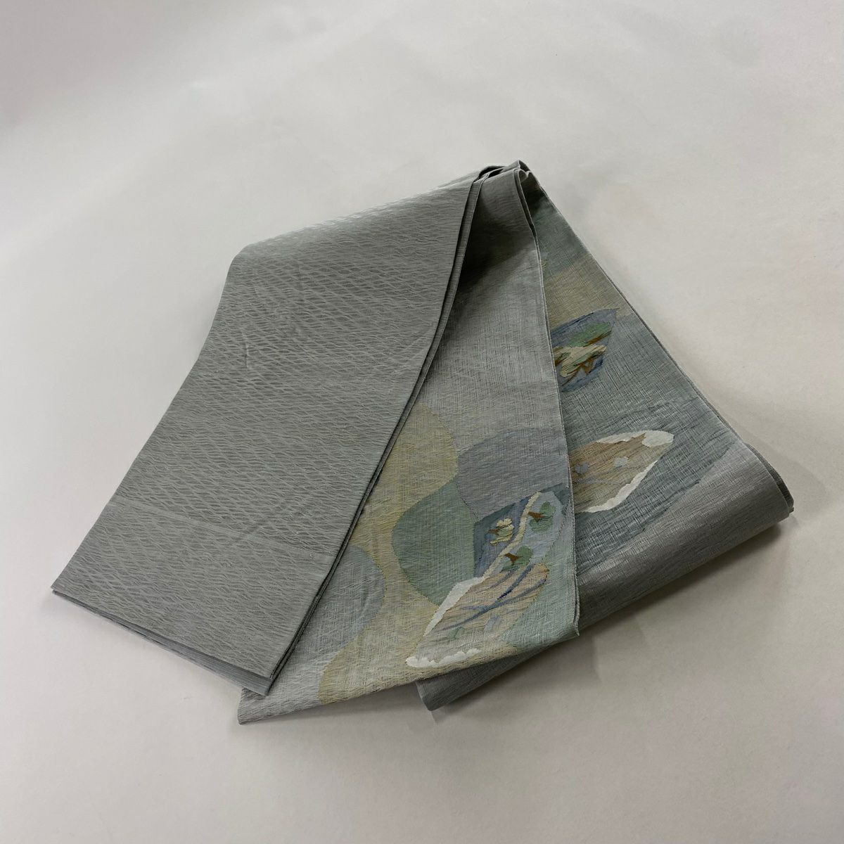 【美品】 名古屋帶 秀品級 夏帶 樹木 鳥 青灰 深藍色 正蠶絲