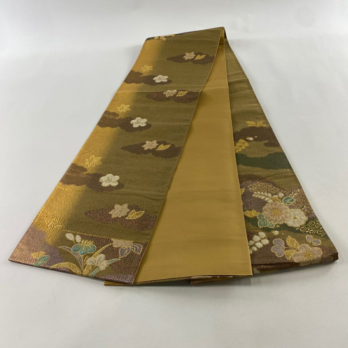 袋帶 秀品級 草花紋紋 金絲 金金箔 黃土色 大鼓圖案 純蠶絲