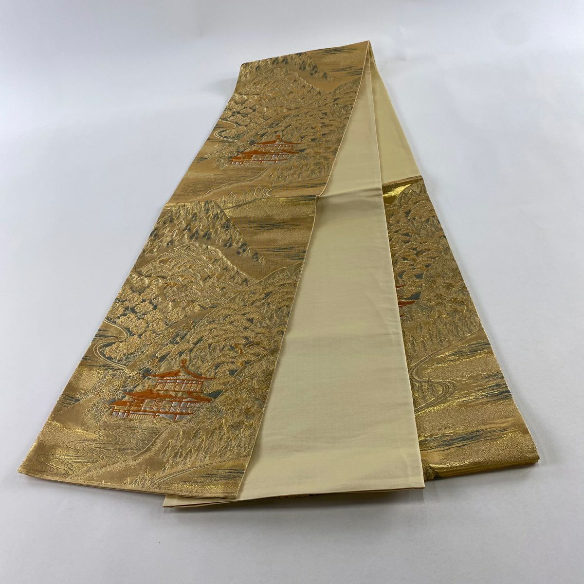 【美品】 袋帶 秀品級 建築 山 金絲 金金箔 金色 六通 純蠶絲