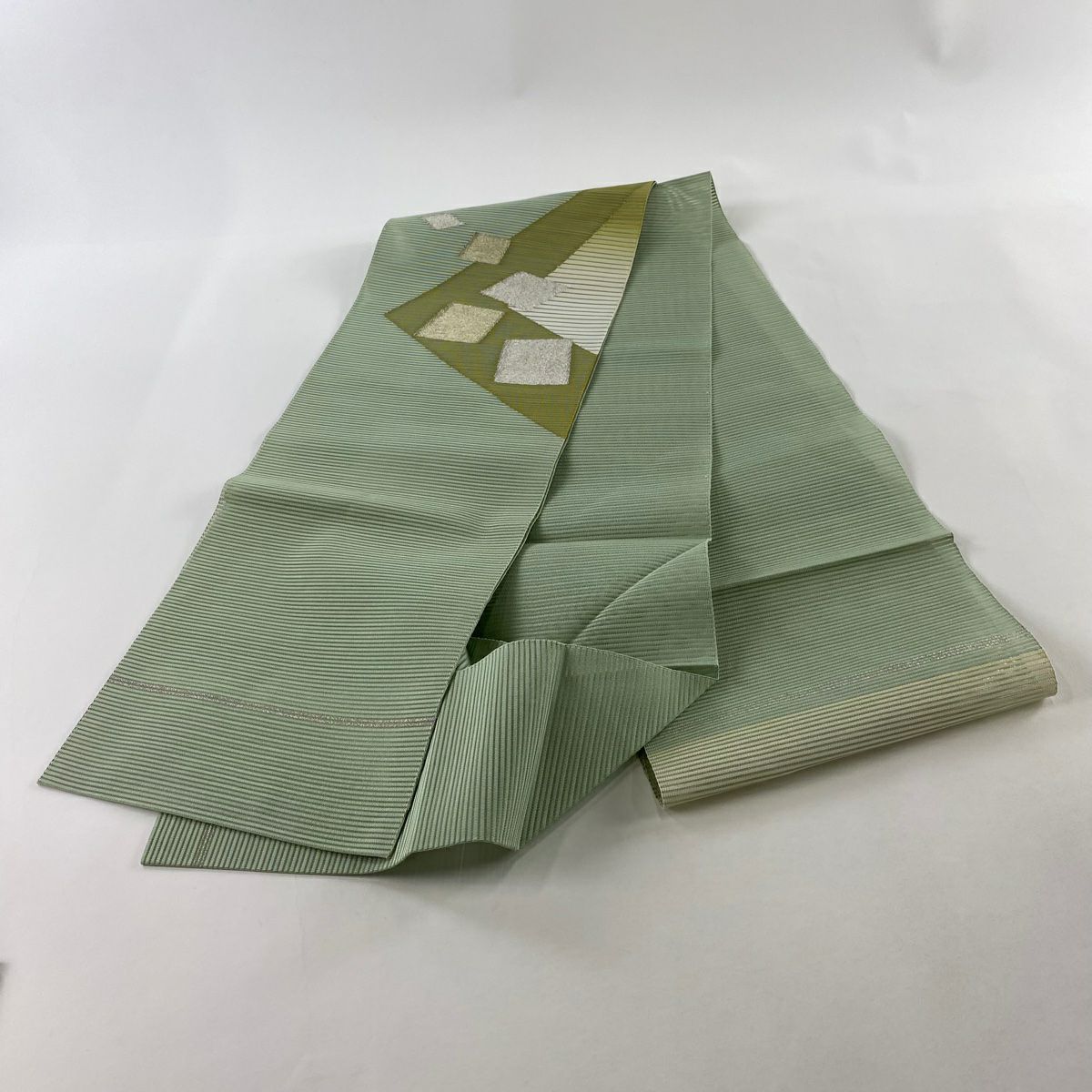 名古屋帶 秀品級 夏帶 絽 八寸名古屋帶 松樹葉仕立 單層仕立 幾何學圖案 金銀彩 灰綠 純蠶絲
